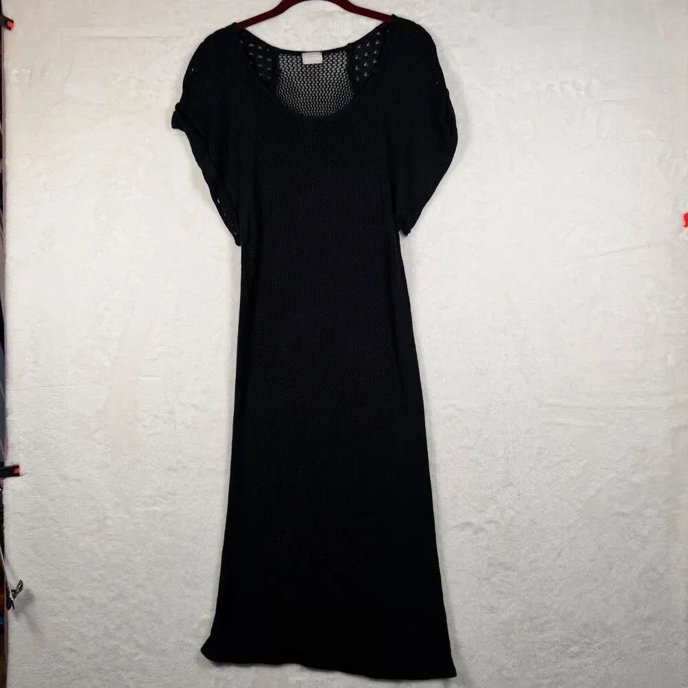 Lala Berlin Black Open Knit Midi Dress Small Sheer Mesh Short Sleeve Scoop Neck